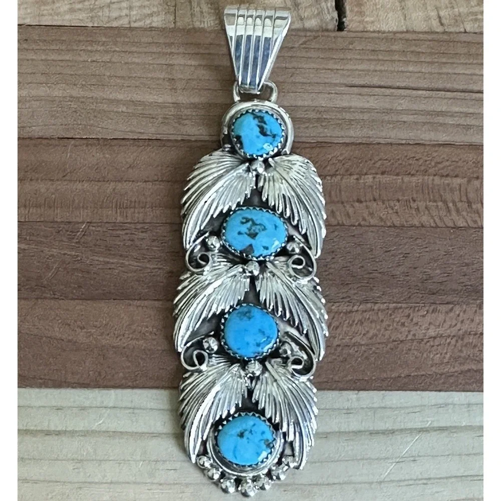 Vintage Running Bear RB Navajo Pendant 3.5 Inch Turquoise 925 Sterling 19.6g NOS